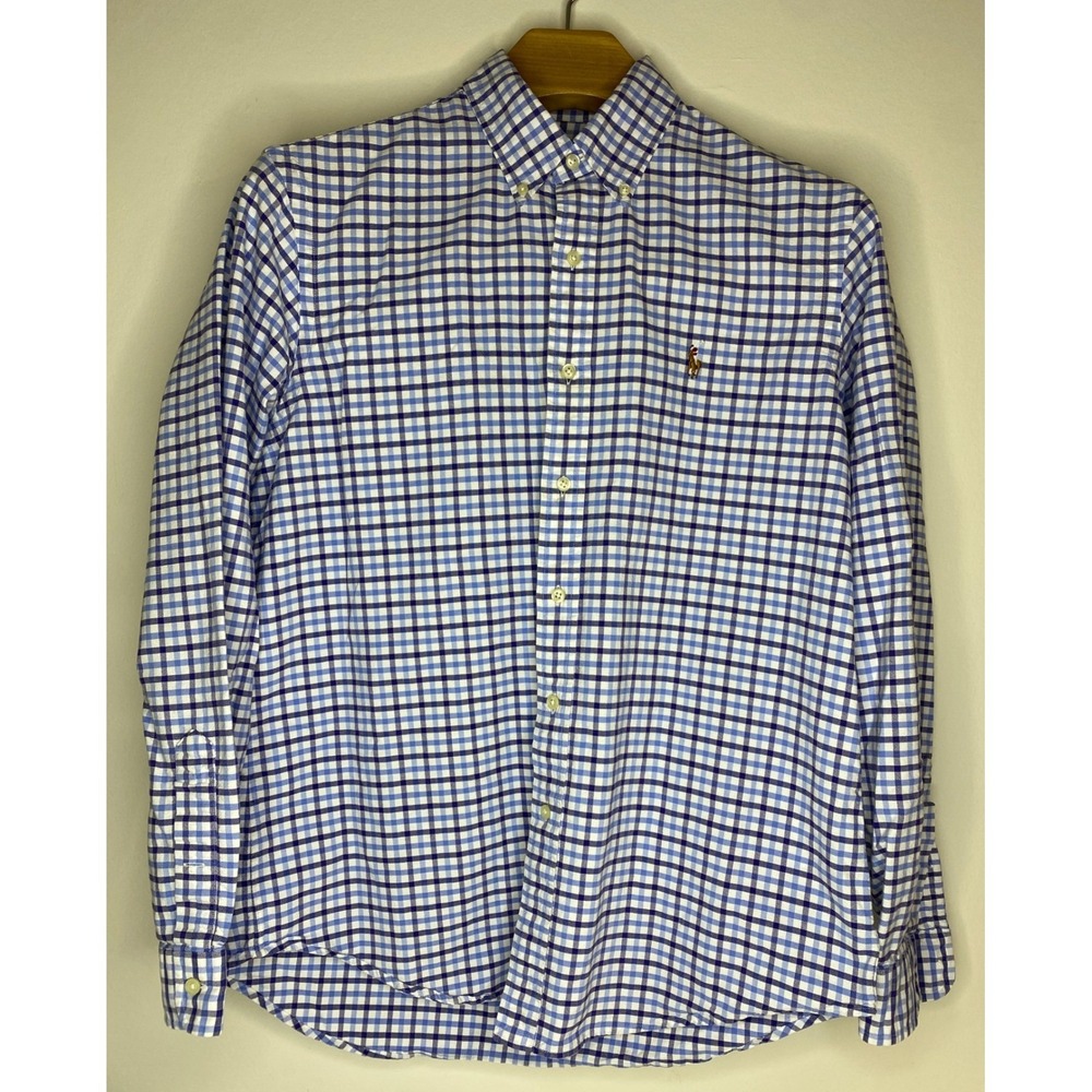 Ralph‎ Lauren Men's Gingham Check Button Down Shirt L G Blue White Long Sleeve